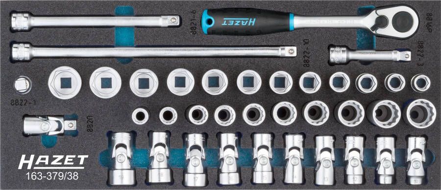 Hazet Dopsleutelset 163-379 38 3 8 inch (10 mm) vierkant hol Buitentwaalfkant tractieprofiel Buiten-zeskant-tractieprofiel 38-delig 10 22