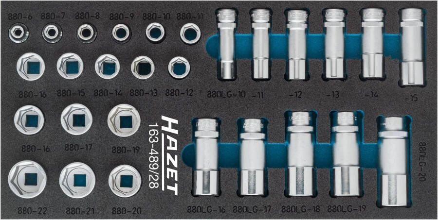 Hazet Dopsleutelset 163-489 28 3 8 inch (10 mm) vierkant hol Buiten-zeskant-tractieprofiel 28-delig 6 22