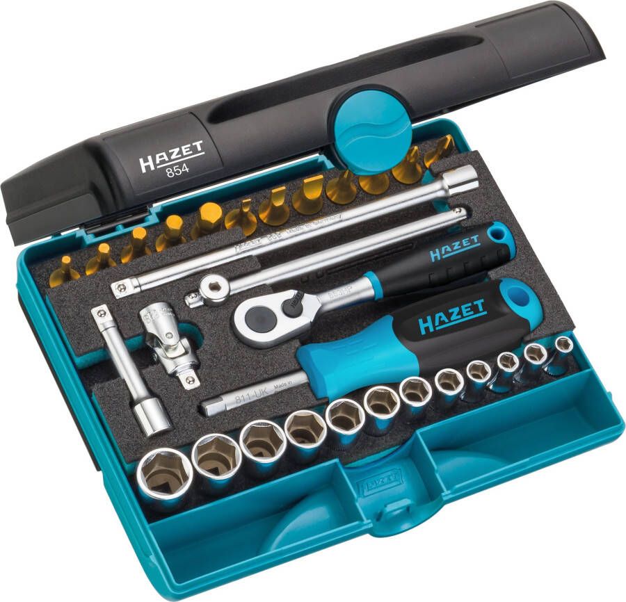 Hazet Dopsleutelset 854 | 1 4 inch (6 3 mm) vierkant hol | Buiten-zeskant-tractieprofiel Binnen-zeskant-profiel Kruiskop profiel PH | 30-delig |