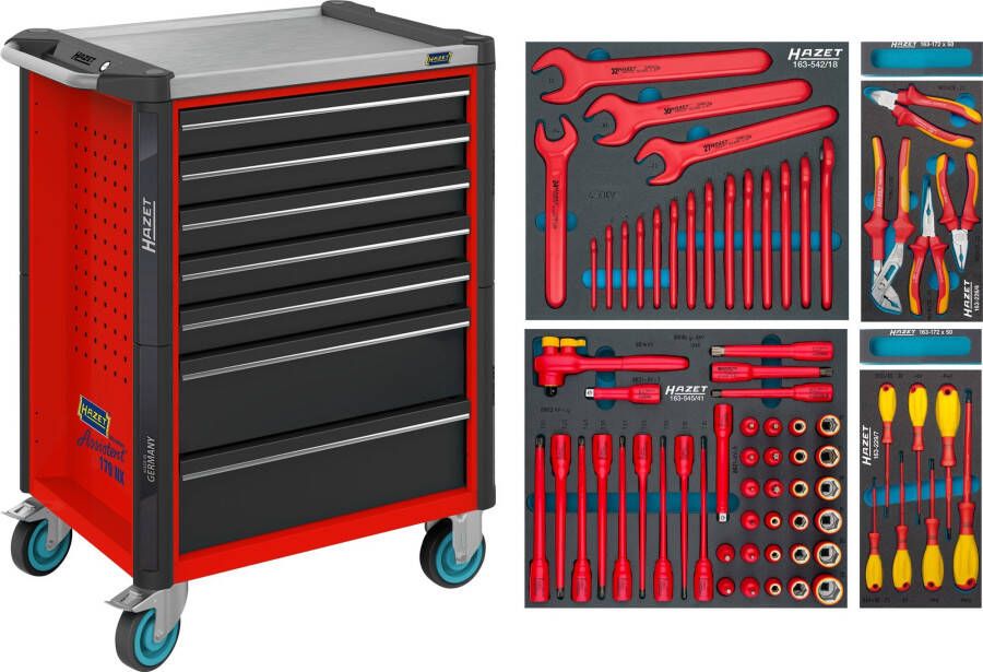 Hazet Gereedschapwagen Assistent 179NX assortiment 179NX-7 70KV 70-delig Laden ondiep: 5× 81 x 522 x 398 mm Laden diep: 2× 166 x 522 x 398