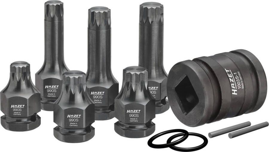 Hazet Krachtdopsleutelbitset 990S 11 · 3 4 inch (20 mm) vierkant hol 1 2 inch (12 5 mm) vierkant hol 24 mm buitenzeskant · Binnenveeltandprofiel XZN
