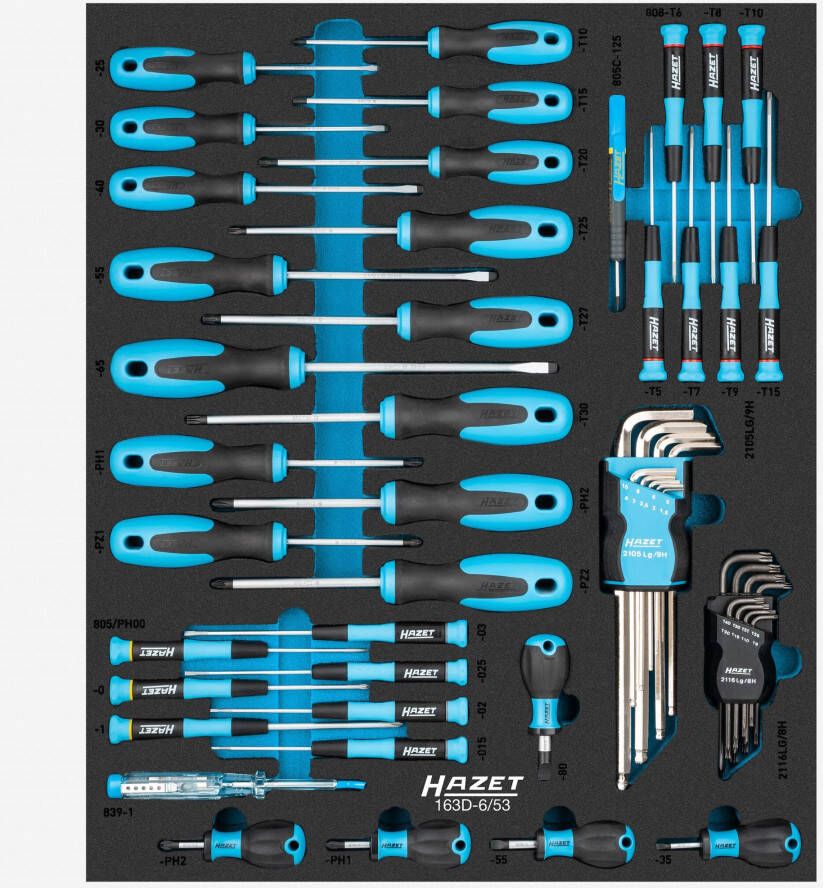 Hazet Schroevendraaierset 163D-6 53 Binnen-zeskant-profiel Binnen-TORX -profiel Kruiskop profiel PH Pozidriv-profiel PZ Sleufprofiel 53-delig