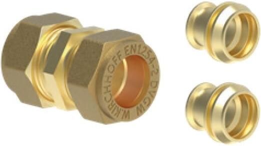 Kirchhoff Messing aansluitstuk blank 10 mm incl. 2x verloopstuk 8 mm klemfitting voor koperen buis 989454117