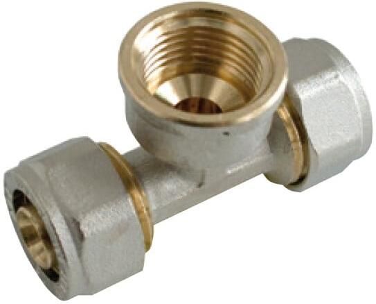 Kirchhoff Messing adapter T-stuk vernikkeld 16 mm x 3 4"IT x 16 mm klemkoppeling voor meerlagenbuis 988912255