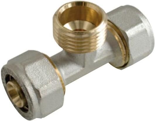 Kirchhoff Messing adapter T-stuk vernikkeld 20 mm x 3 4"ET x 20 mm klemkoppeling voor meerlagenbuis 988913255