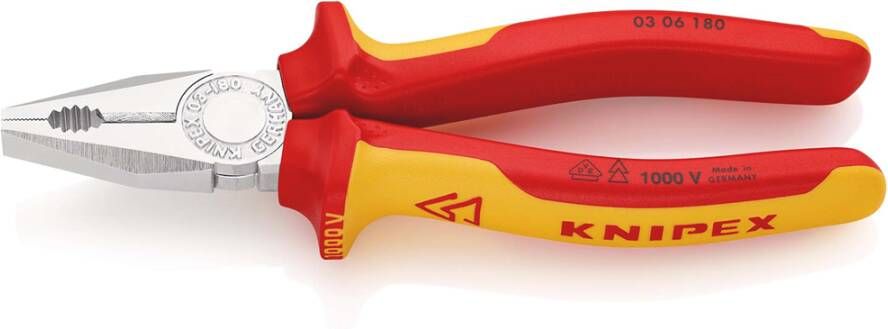 Knipex Kombitang geïsoleerd | Meer-componentengrepen | VDE-getest | Verchroomd | Lengte 180 mm | Zelfbedieningskaart blister 03 06 180 SB