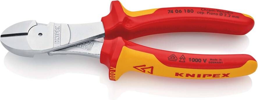 Knipex Kracht-Zijsnijtang | 180 mm Lengte | Geïsoleerd | Meer-Componentengrepen | VDE-Getest | Verchroomd 74 06 180 SB
