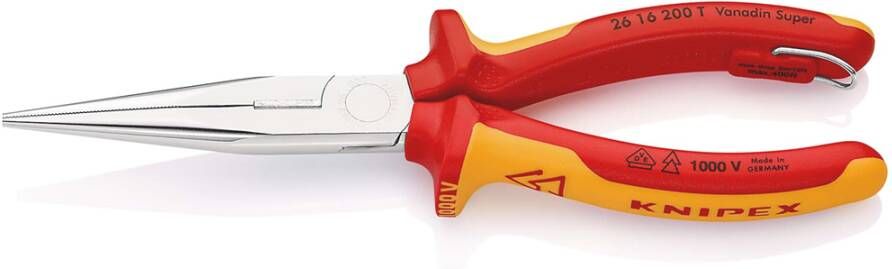 Knipex Platspitse Tang met Zijsnijder (Telefoontang) | 200 mm Lengte | Geïsoleerd | Meercomponenten-Omhulling 26 16 200 T BK