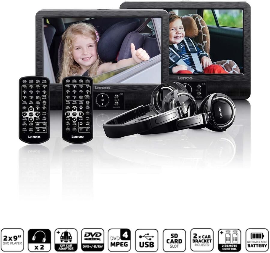 Lenco 2x 9" draagbare DVD-speler met USB SD ingebouwde batterij hoofdtelefoon en beugel Zwart DVP-939