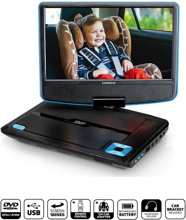 Lenco Draagbare 9" DVD-speler met USB-koptelefoon en montagebeugel Blauw Zwart DVP-910BU
