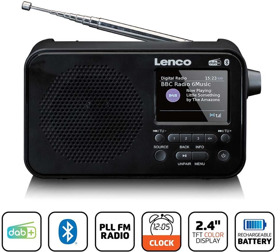 Lenco Draagbare DAB+ FM-radio met Bluetooth 2 4" TFT-scherm Zwart PDR-036BK