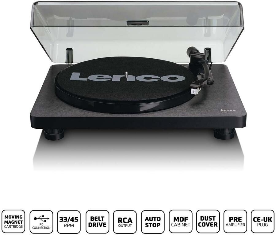 Lenco Houten platenspeler met MMC Cartridge en PC Codering Zwart L-30BK