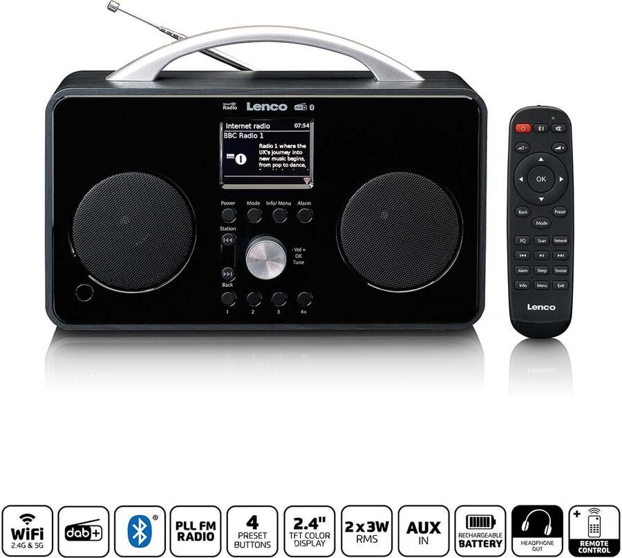 Lenco Internet DAB+ FM-radio met Bluetooth-afstandsbediening en oplaadbare batterij PIR-645BK