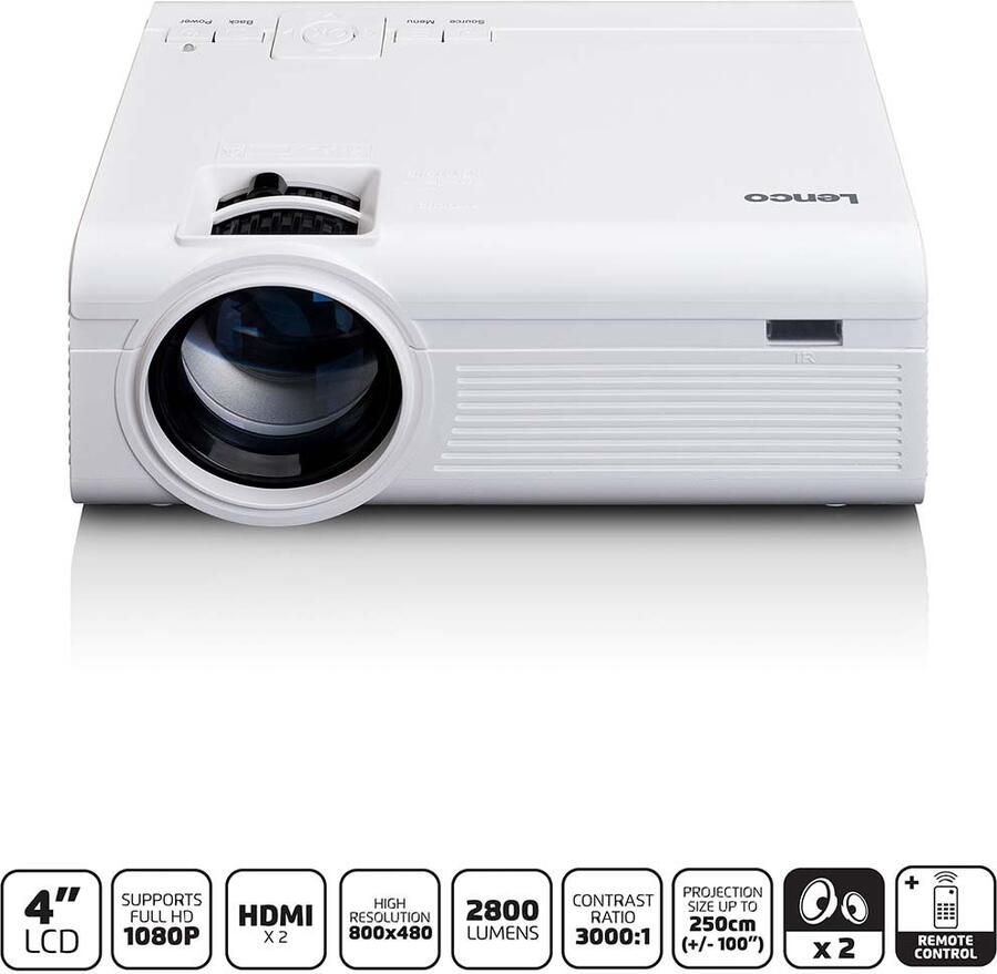 Lenco LCD Projector met hoge resolutie ondersteunt Full HD 1080P inhoud Wit LPJ-280WH