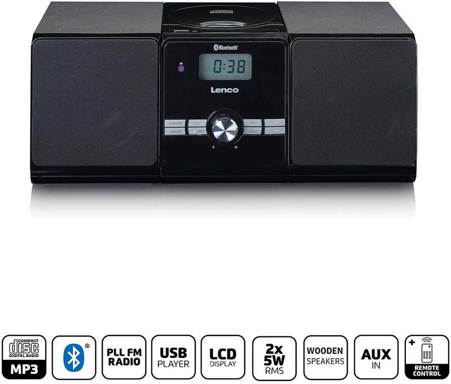 Lenco Micro set met CD MP3 Bluetooth USB afstandsbediening Zwart MC-030BK