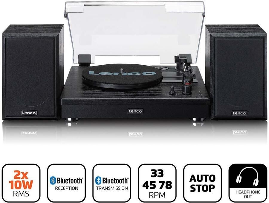 Lenco Riemaandrijving houten platenspeler met Bluetooth-ontvangst en 2 externe luidsprekers LS-101BK