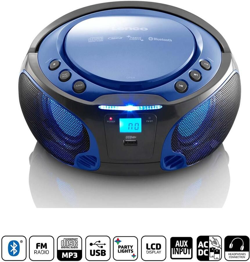 Lenco SCD-550BU draagbare FM-radio CD MP3 USB Bluetooth -speler met LED-verlichting Blauw SCD-550BU