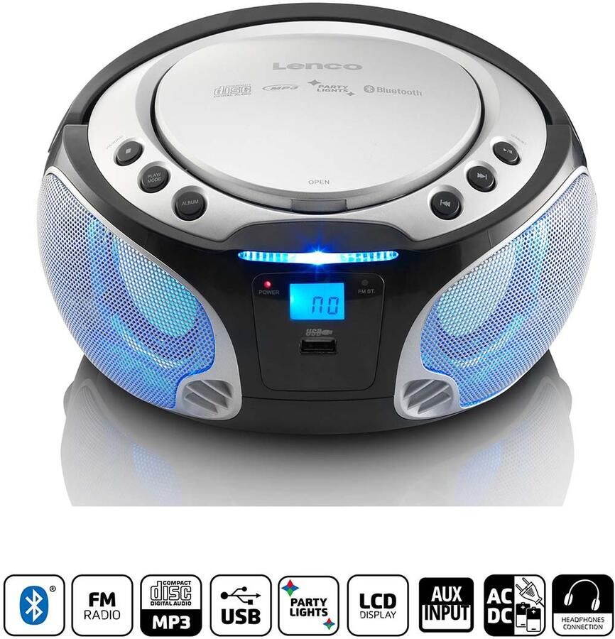 Lenco SCD-550SI Draagbare FM-radio CD MP3 USB Bluetooth-speler met LED-verlichting Zilver SCD-550SI