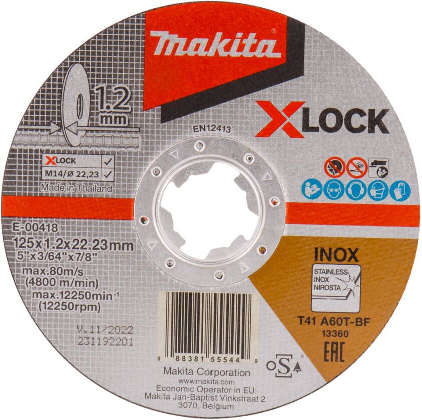 Makita Accessoires E-00418 | Doorslijpschijf | X-LOCK | 125x1 2x22 23mm | RVS | 10 stuks E-00418