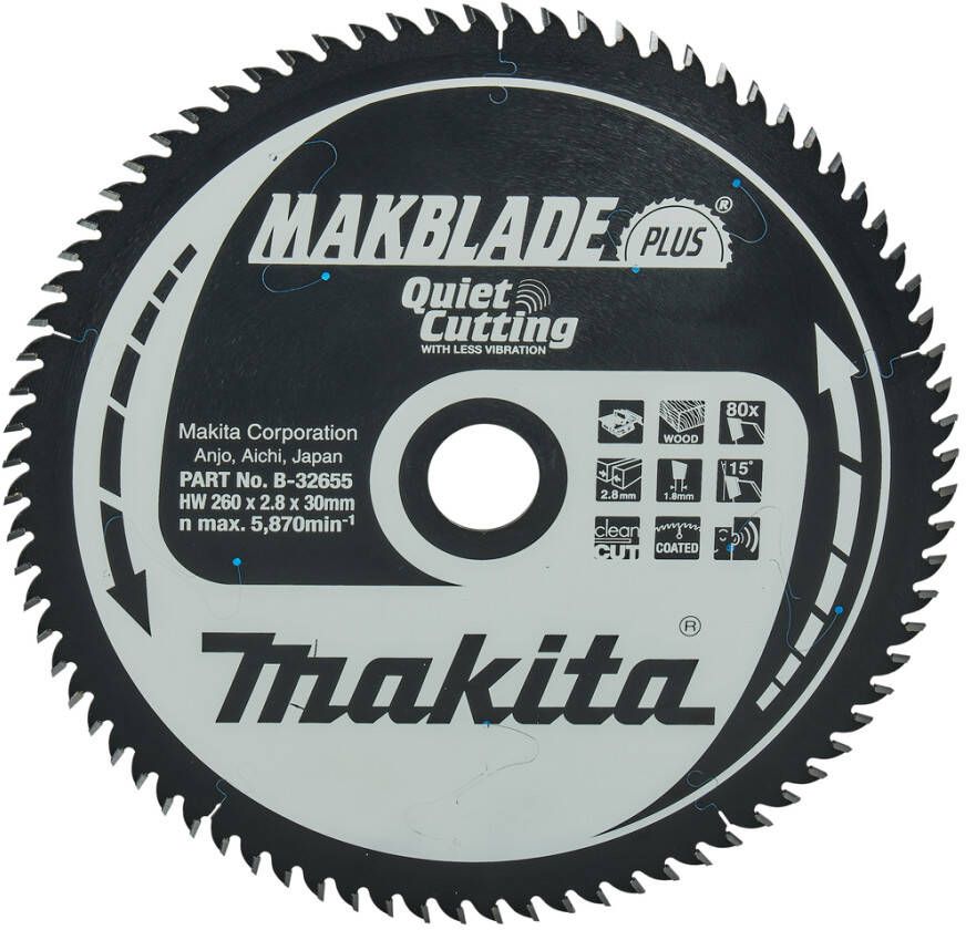 Makita Accessoires Tafelzaagblad Hout Makblade-Plus 260x30x2 8 80T 15g B-32655
