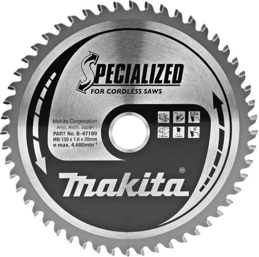 Makita Accessoires Zaagblad aluminium Diameter zaagblad 150mm Tand Hoek 0 graden Aantal tanden 52 B-47189