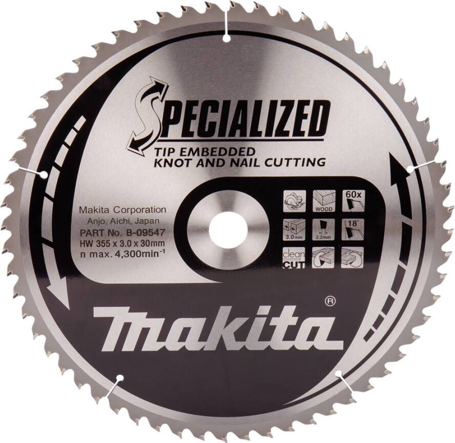 Makita Accessoires Cirkelzaagblad Hout (noest spijker) | Embedded Tip 355x30x3 0 60T 18g B-09547