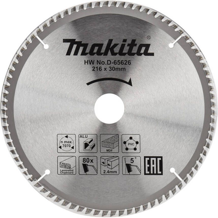 Makita Accessoires D-65626 Afkortzaagblad | div. materialen | 216x30x2 4 | 80T | 5g D-65626