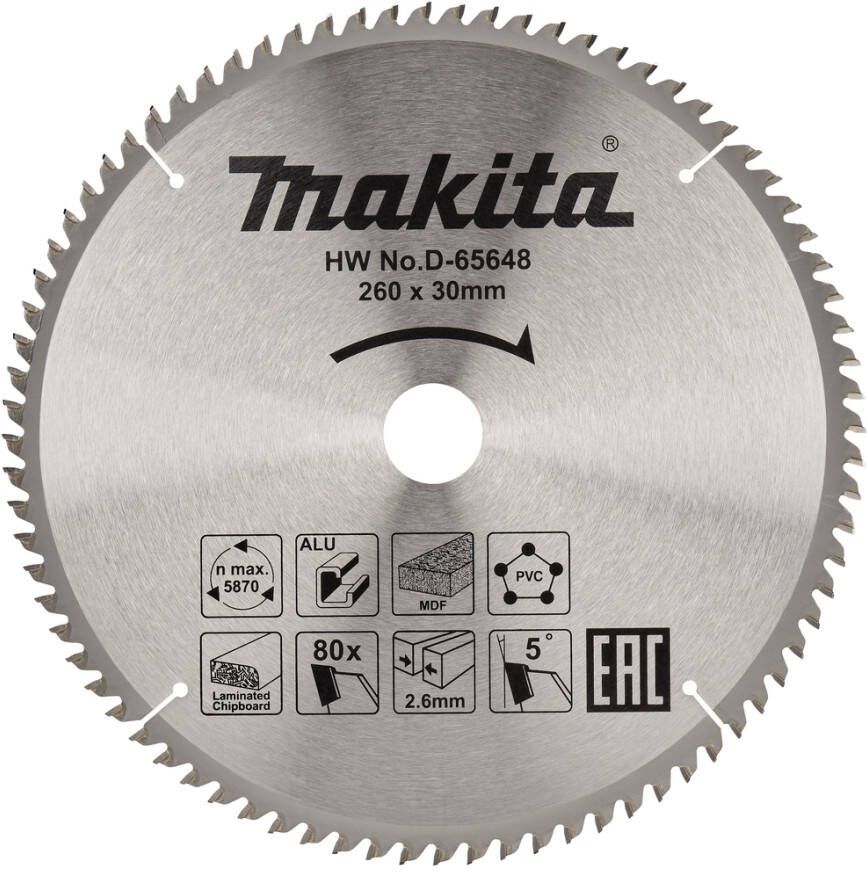 Makita Accessoires D-65648 Afkortzaagblad | div. materialen | 260x30x2 6 | 80T | 5g D-65648
