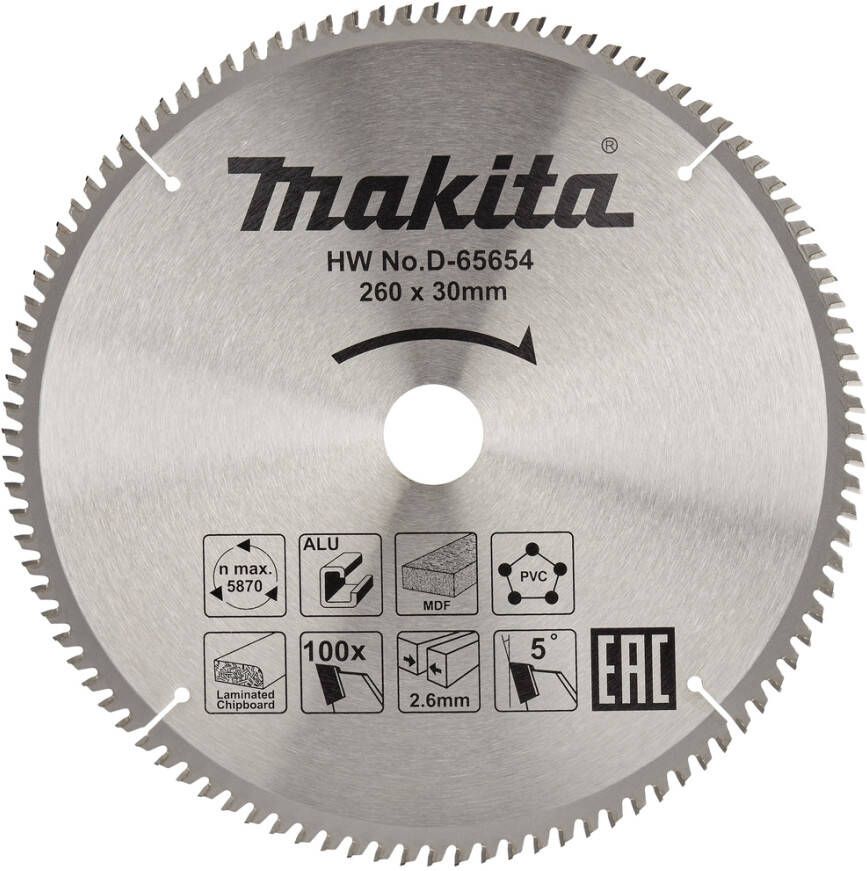 Makita Accessoires D-65654 Afkortzaagblad | div. materialen | 260x30x2 6 | 100T | 5g D-65654