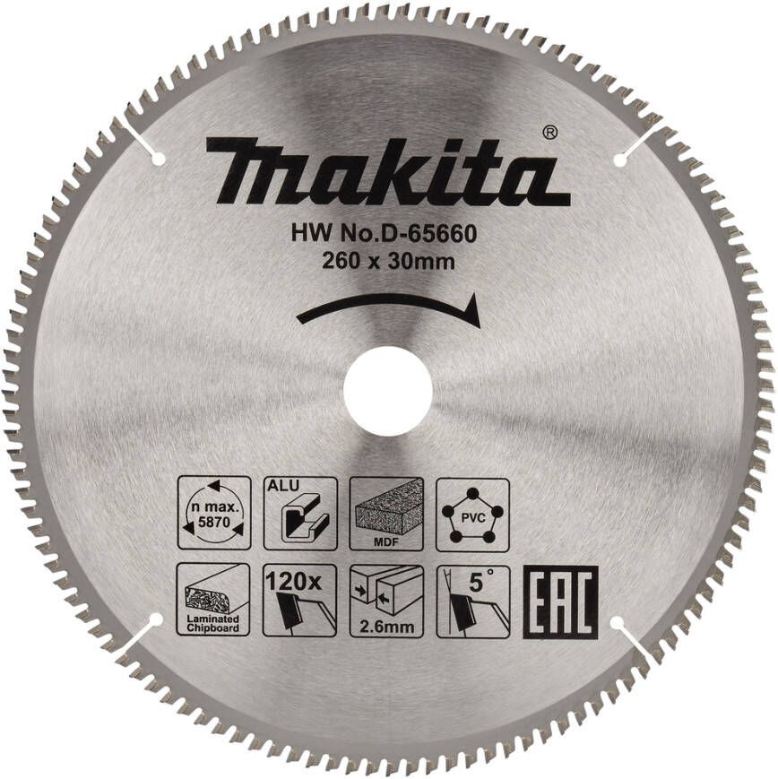 Makita Accessoires D-65660 Afkortzaagblad | div. materialen | 260x30x2 6 | 120T | 5g D-65660