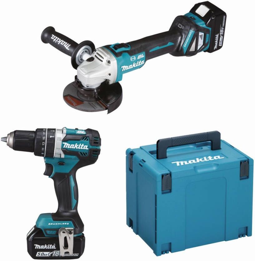 Makita DLX2272TJ 18V LXT 2 delige set: DGA513 Haakse slijper + DHP484 (Klop)boormachine 2 x 5.0Ah accu&apos;s