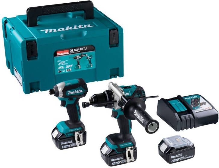 Makita DLX2418TJ Combiset voor zwaardere boor- en schroefklussen | DHP486 en DTD153 | 3 x 5.0 Ah accu en snellader DLX2418TJ