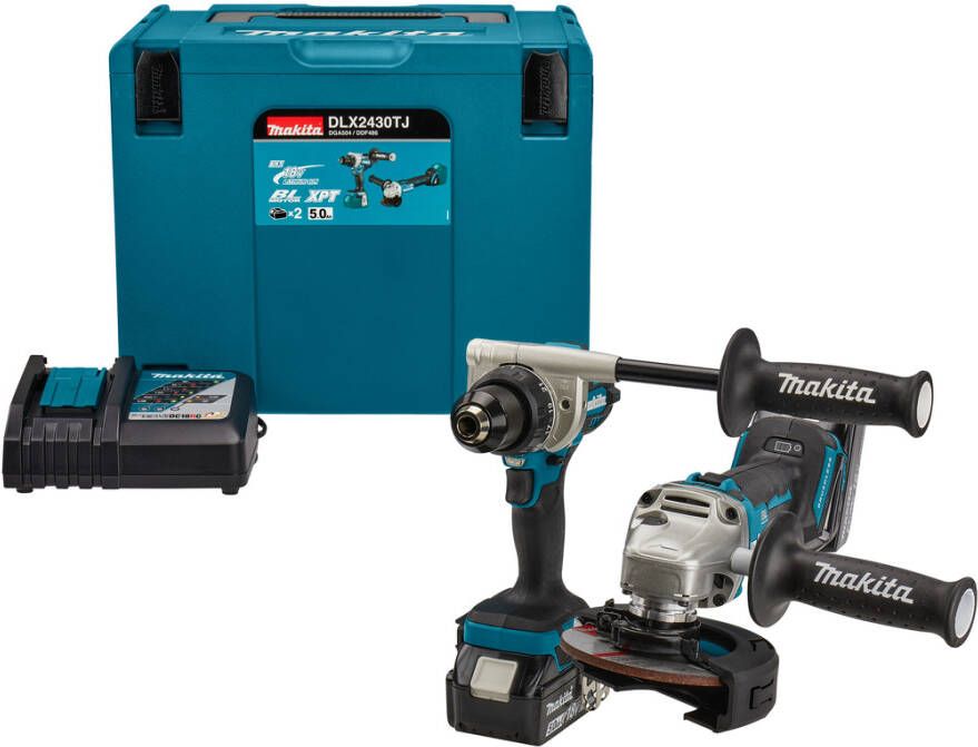 Makita DLX2430TJ | Combiset | 18 V | Boren schroeven en slijpen | 2x 5.0 Ah Accu | DDF486 en DGA504 | Snellader | in Mbox DLX2430TJ