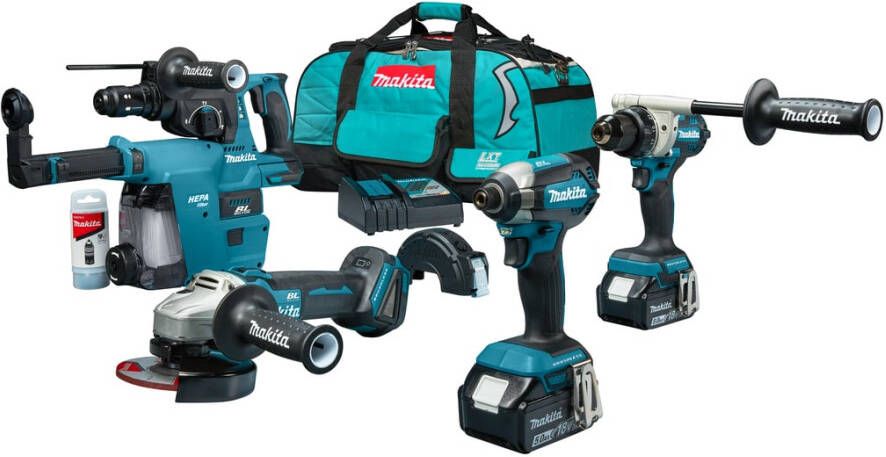 Makita DLX4194TX1 Combiset DDF492 Accu Boor- Schroefmachine + DTD153 Accu Slagschroevendraaier + DGA504 Accu Haakse Slijper + DHR243 Accu Combihamer