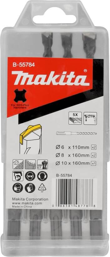 Makita Hamerborenset 5-delig SDS+ in Cassette B-55784 6 8 10x110 en 160 mm