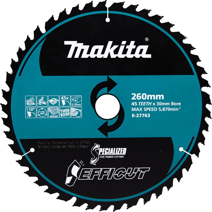 Makita accessoires Afkort- Tafelzaagblad Hout Efficut | 260x30x2 15 mm | 45T | 10g E-27763
