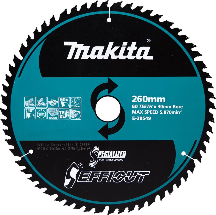 Makita accessoires Afkort- Tafelzaagblad Hout Efficut | 260x30x2 15 mm | 60T | 10g E-29549