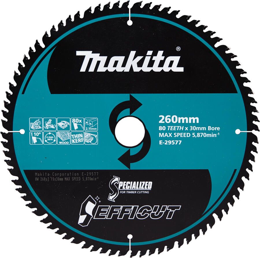 Makita accessoires Afkort- Tafelzaagblad Hout Efficut | 260x30x2 15 mm | 80T | 10g E-29577