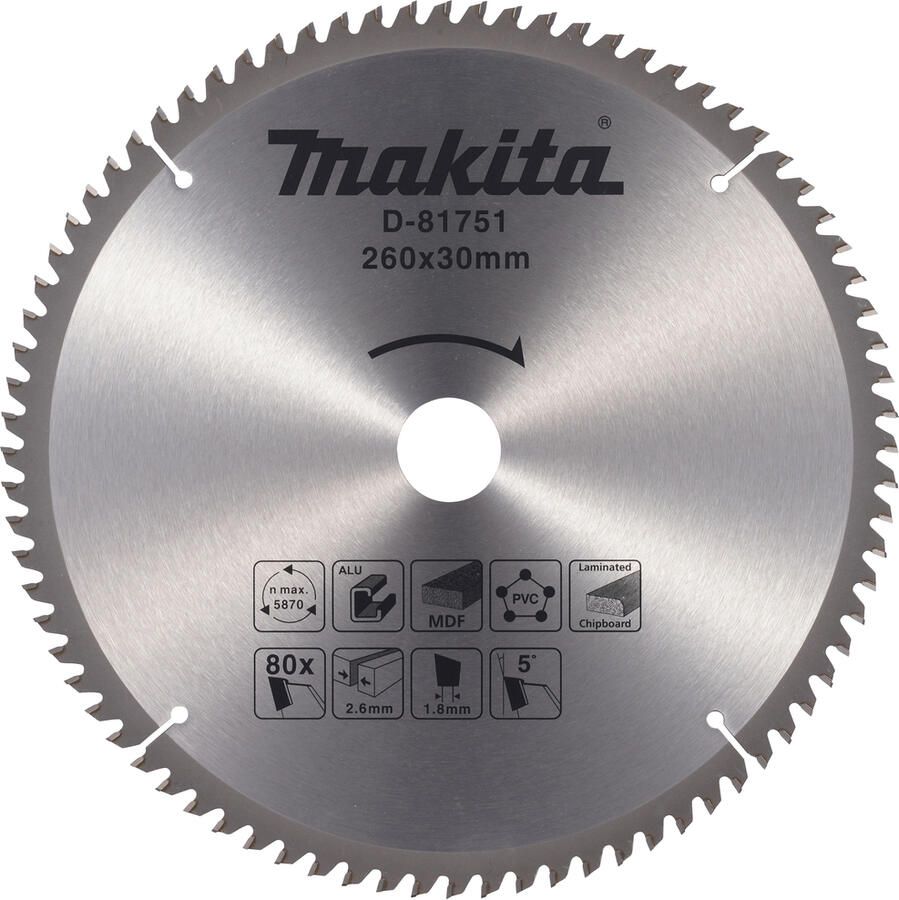 Makita Accessoires Afkortzaagblad div. materialen 260x30x2 6 80T 5g D-81751