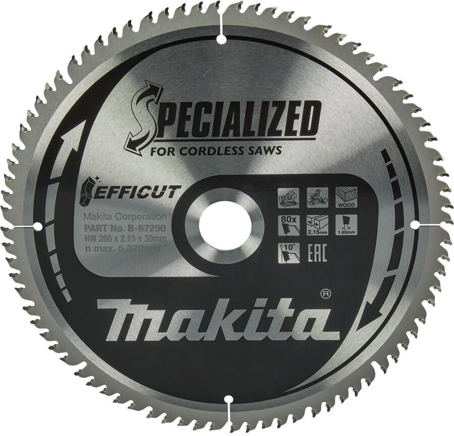 Makita Accessoires Zaagblad Efficut | 260x30x2 15 | 80T | 10g B-67240