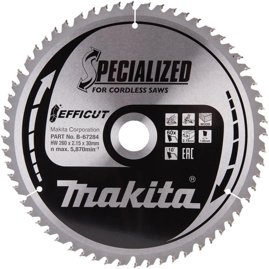 Makita Accessoires Afkortzaagblad Hout Efficut 260x30x2 15 60T 10g B-67284