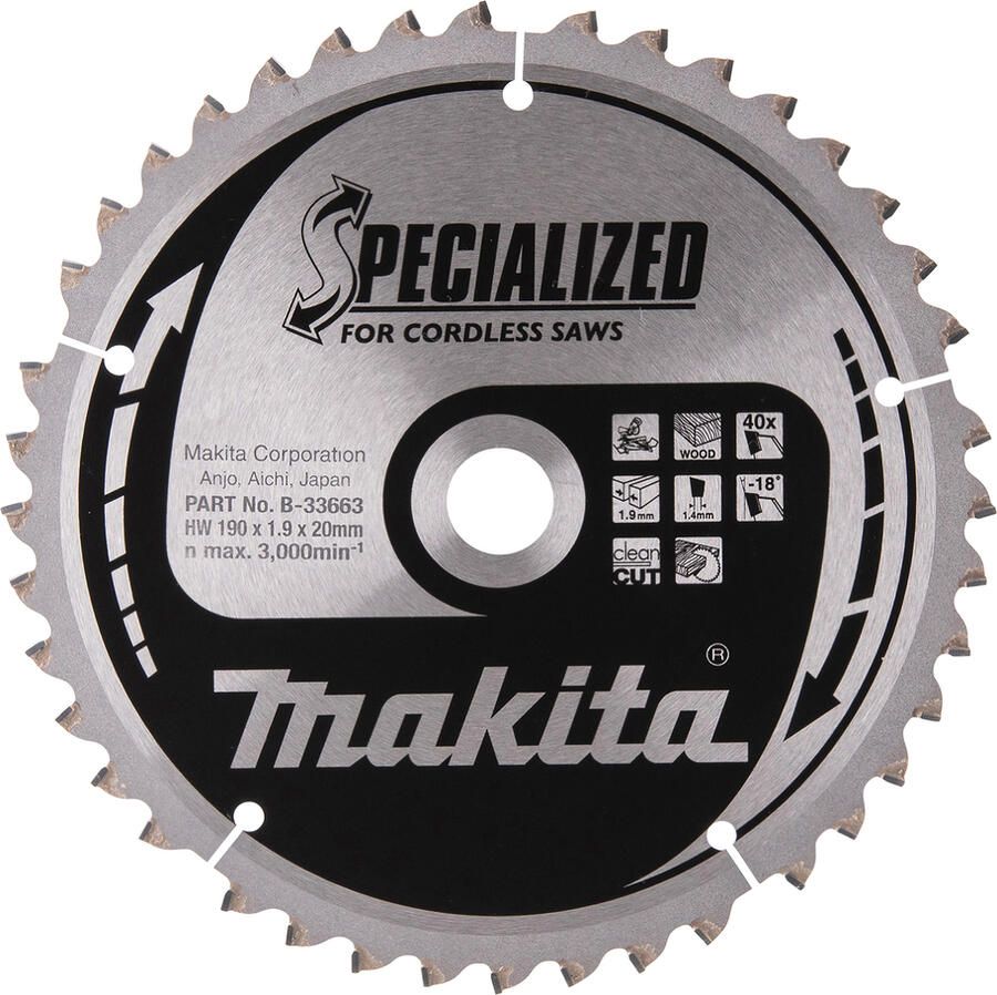 Makita Accessoires Afkortzaagblad Hout Specialized 190x20x1 9 40T -18g B-33663