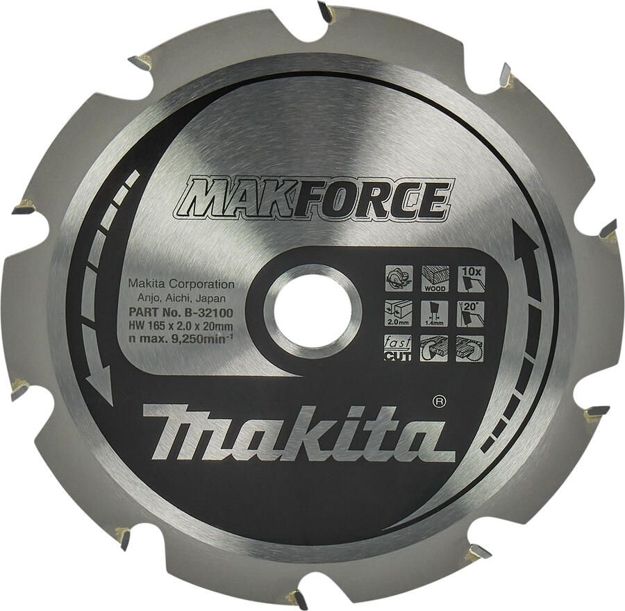 Makita Accessoires Cirkelzaagblad Hout 165X20X2 0 10T 20G B-32100