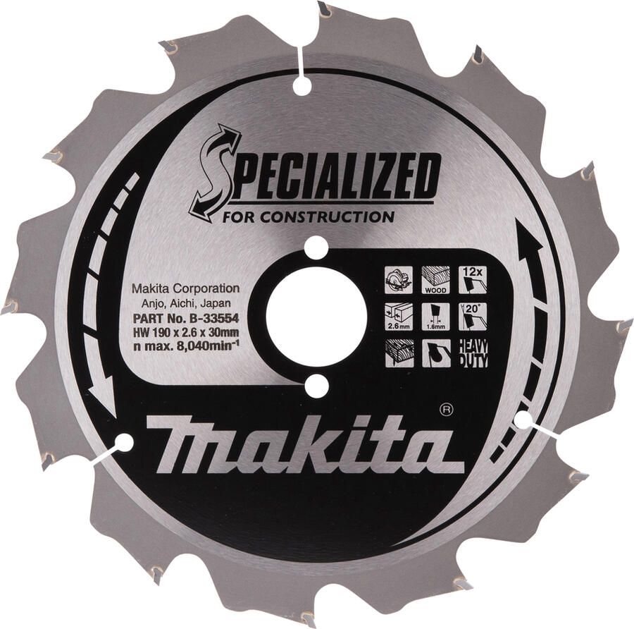 Makita Accessoires Cirkelzaagblad Hout | Bouw Constructie Specialized 190x30x2 6 12T 20g B-33554