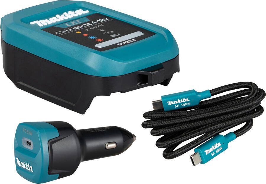 Makita accessoires Lader LXT DC18SJ compleet | Met ADP14 autoadapter | Met USB-C PD kabel 1915U4-1