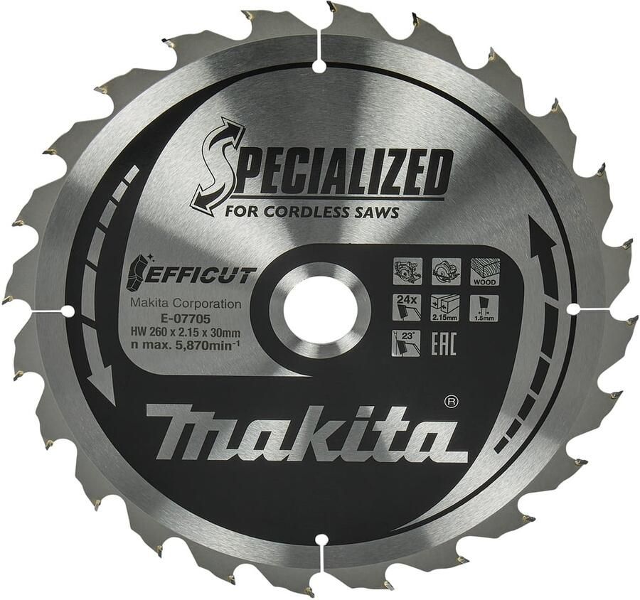 Makita Accessoires E-07696 Cirkelzaagblad | geschikt voor hout | Efficut | 260x30x2 15 | 24T | 23g E-07696