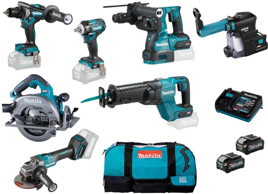 Makita DK0154G602 | XGT accu combiset 40V Max DF001G + TW004G + GA005G + JR001G + HR002G + HS003G in tas (2x 4.0Ah accu + DC40RA snellader)