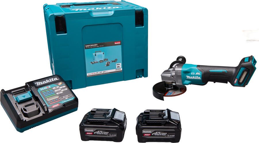 Makita GA013GU201 40V Max XGT Accu haakse slijper 125 mm | 2x 4.0Ah + snellader in Mbox GA013GU201