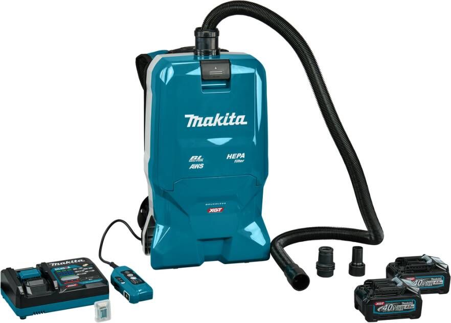 Makita VC012GM2NL1 40V Max Rugstofzuiger | 2x 4 0 ah accu&apos;s | Met snellader machine aansluiting 3 adapters en AWS zender VC012GM2NL1