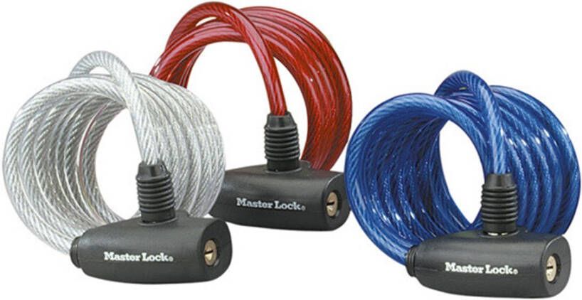 Masterlock 3 coiled cables 1 80mx Ø 8mm vinyl cover : blue red & transparent 8127EURTRI